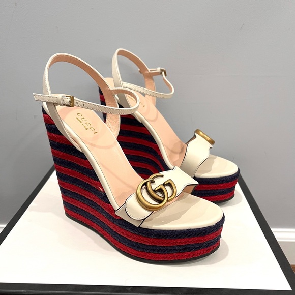 Gucci Marmont Double G Leather Espadrille Platform Sandals - Picture 2 of 4